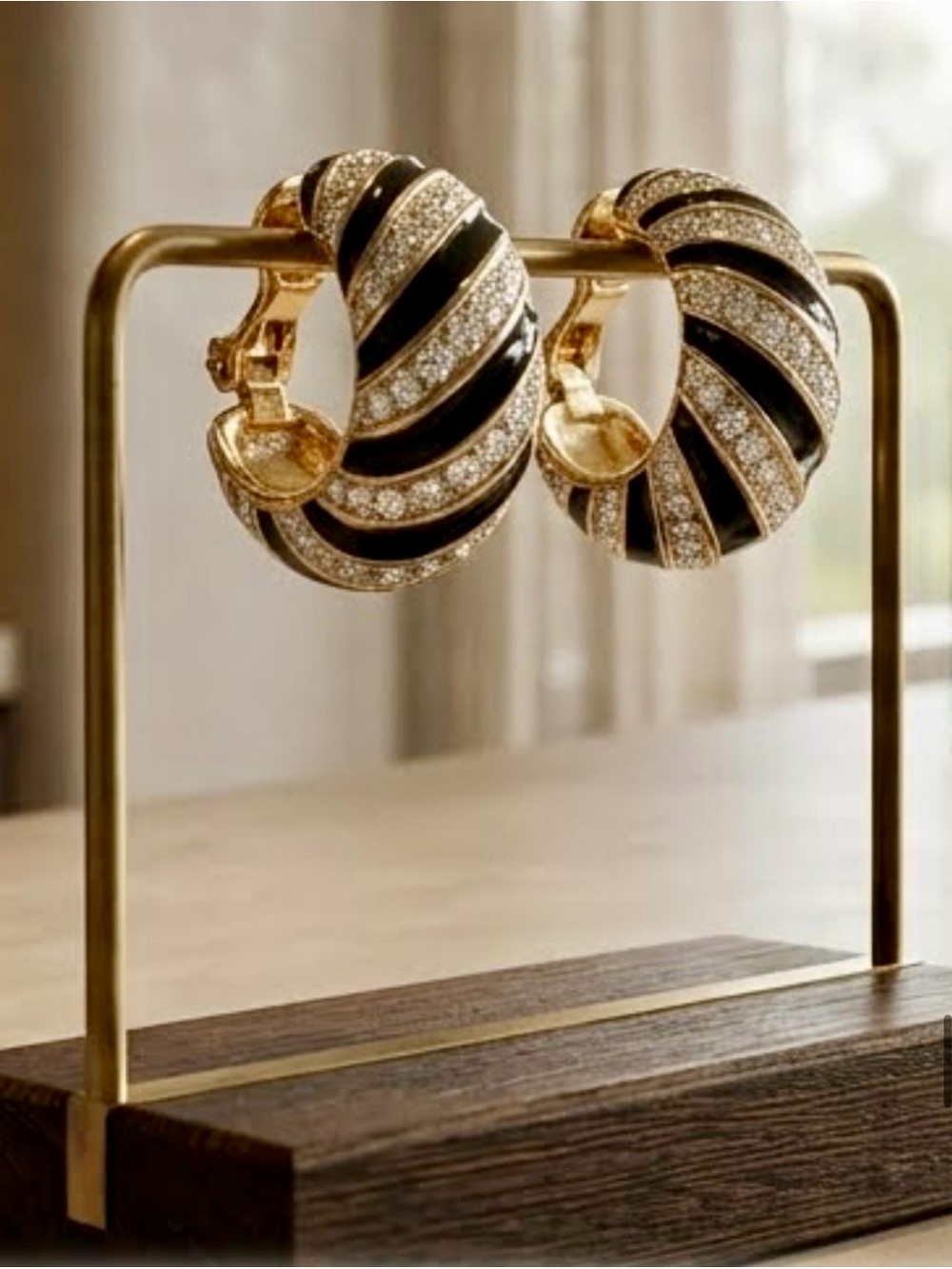Gold and Black Enamel Swirl Crystal Hoop Earrings by  Ciner Princess Diana #103
